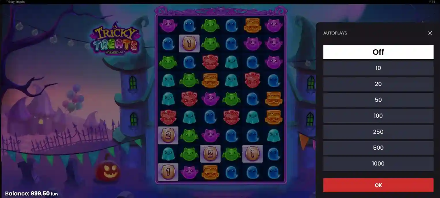 Autoplay-instellingen in Tricky Treats met keuze van 10 tot 1000 automatische spins.
