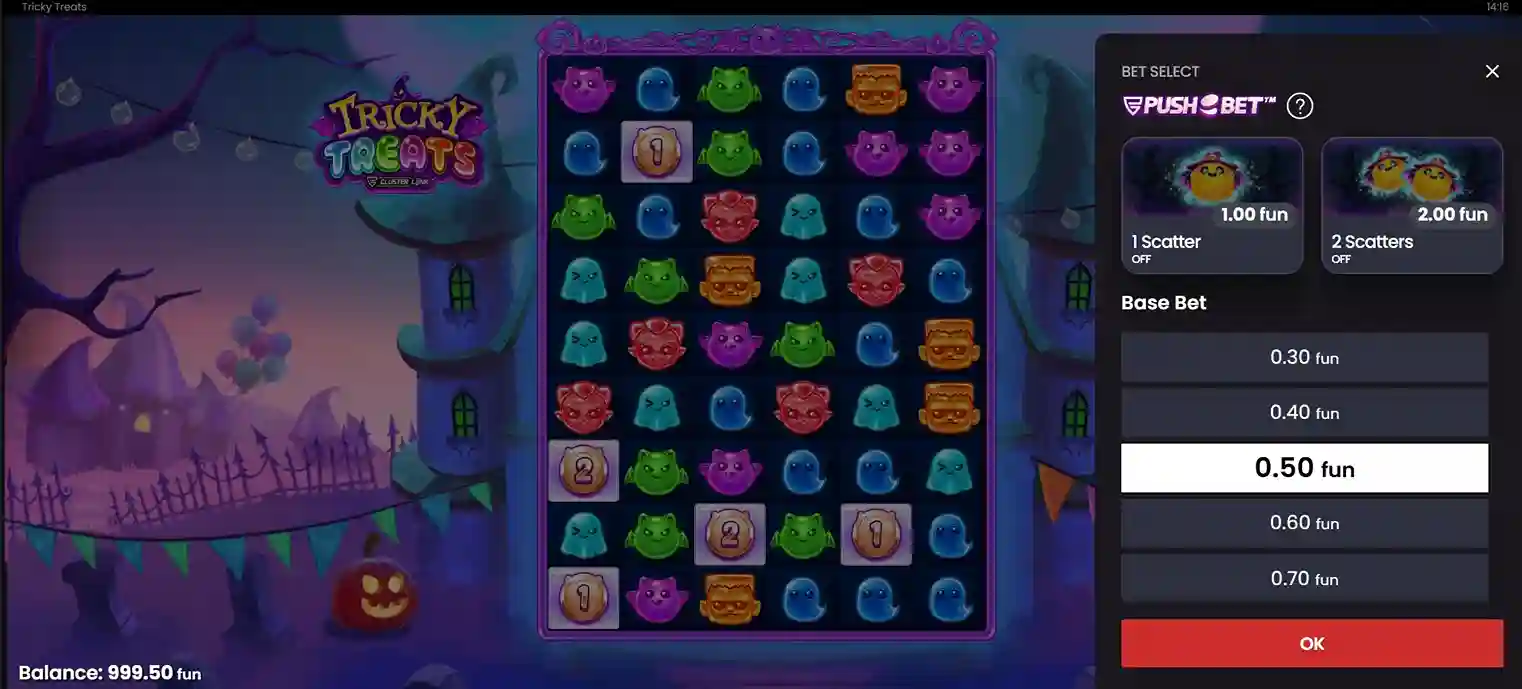 Inzetmenu van Tricky Treats met keuze uit verschillende inzetniveaus en scatter-opties.