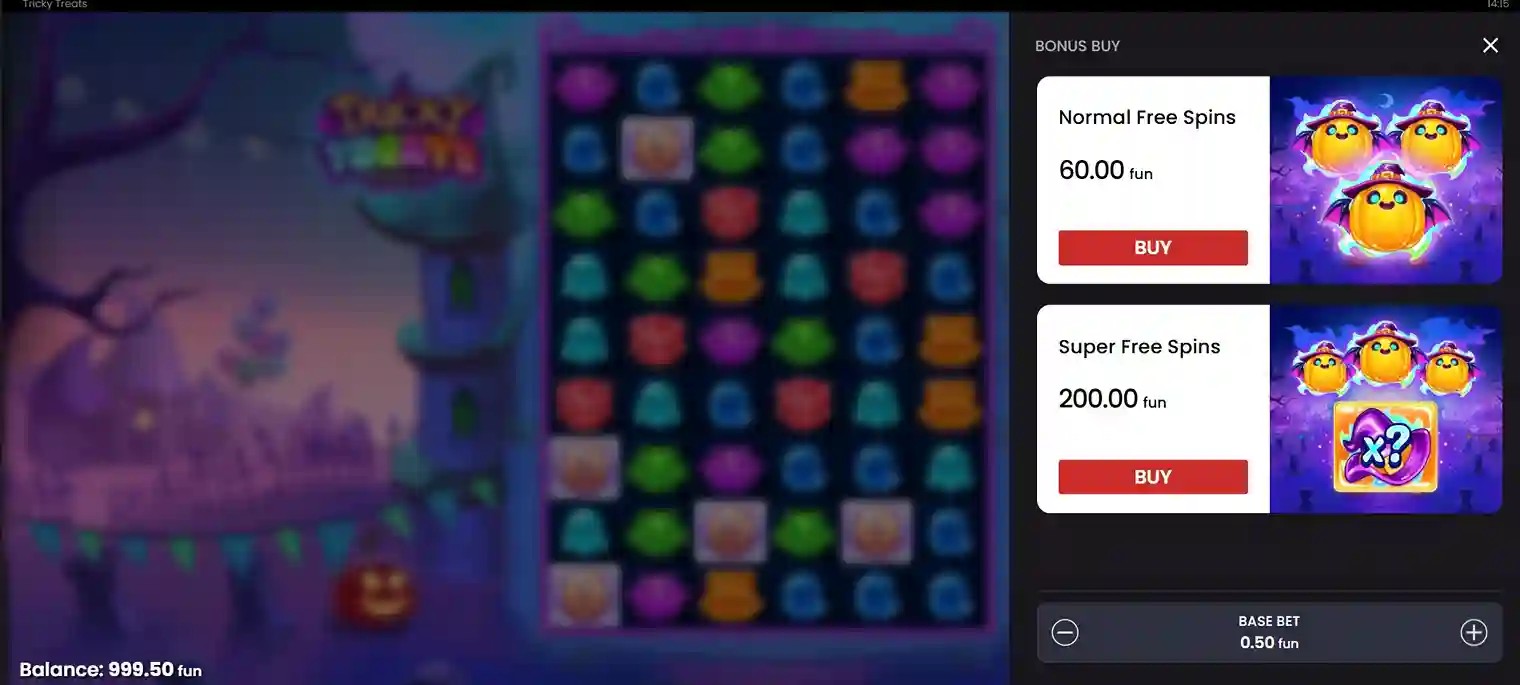 Bonus Buy-scherm van Tricky Treats met keuze tussen Normal Free Spins en Super Free Spins.