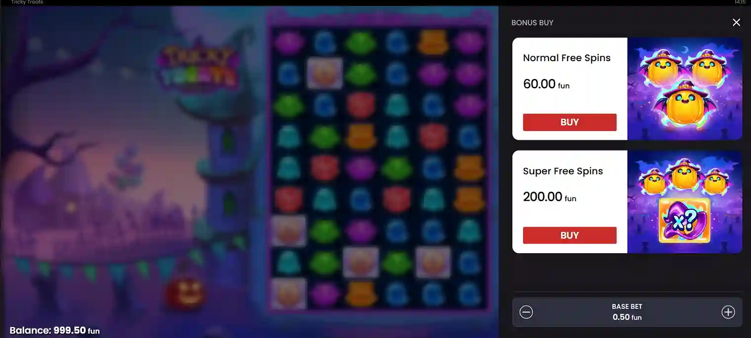Bonus Buy-scherm van Tricky Treats met keuze tussen Normal Free Spins en Super Free Spins.
