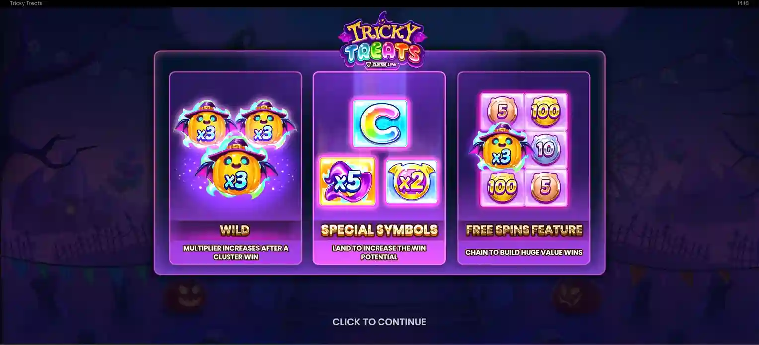 Uitlegscherm van Tricky Treats met Wild-pompoen, speciale symbolen en Free Spins-feature.