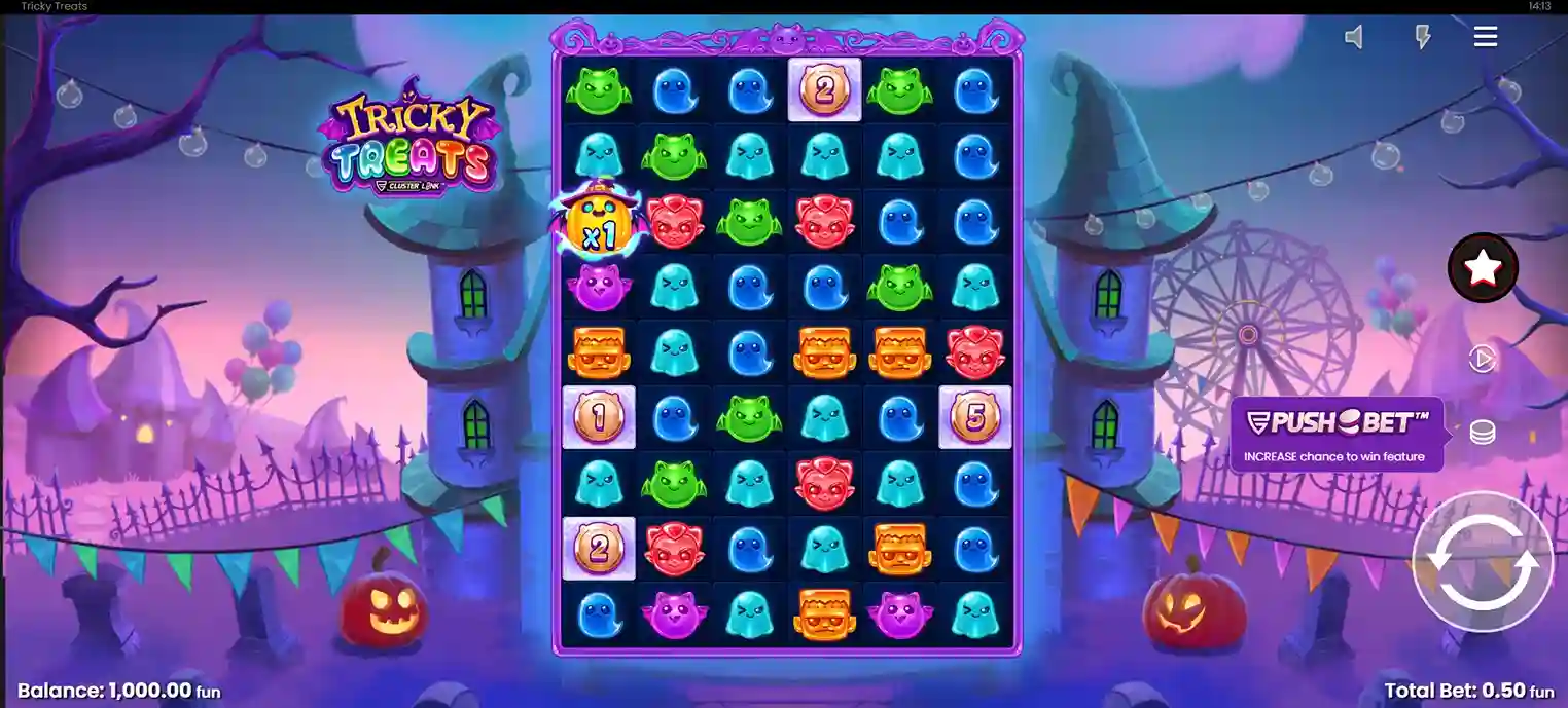 Hoofdscherm van de slot Tricky Treats met kleurrijke spooksymbolen op een clusterraster